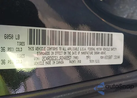 2018 Dodge Grand Caravan Sxt из США, поврежденный, VIN 2C4RDGCG1JR240257